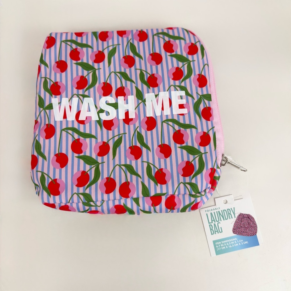 Foldable Zip Pouch Travel Cherry Blue Pinstripes Wash Me Laundry Bag New NWT